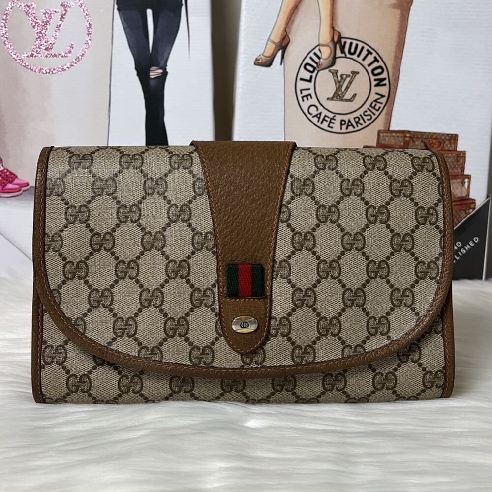 Gucci Brown Beige Signature Canvas Clutch with Web Stripe